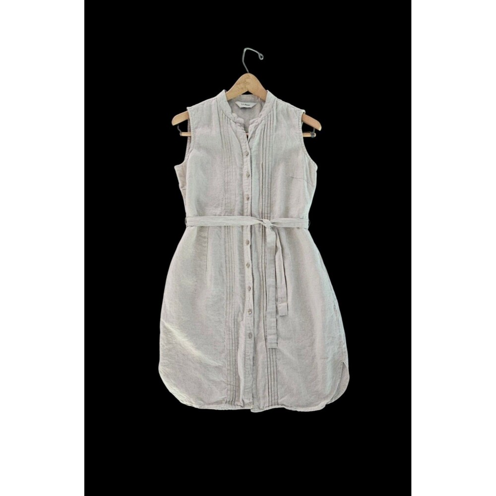 LL Bean 100% Linen Belted Shirt Dress Beige Pockets Sz 6 PETITE Safari Coastal
